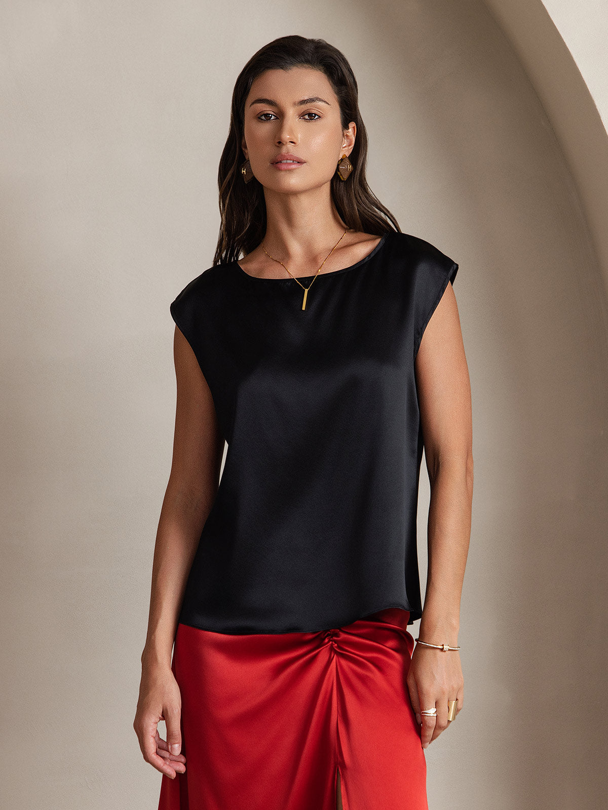 19Momme Silk Cap Sleeve Round Neck Women's Top