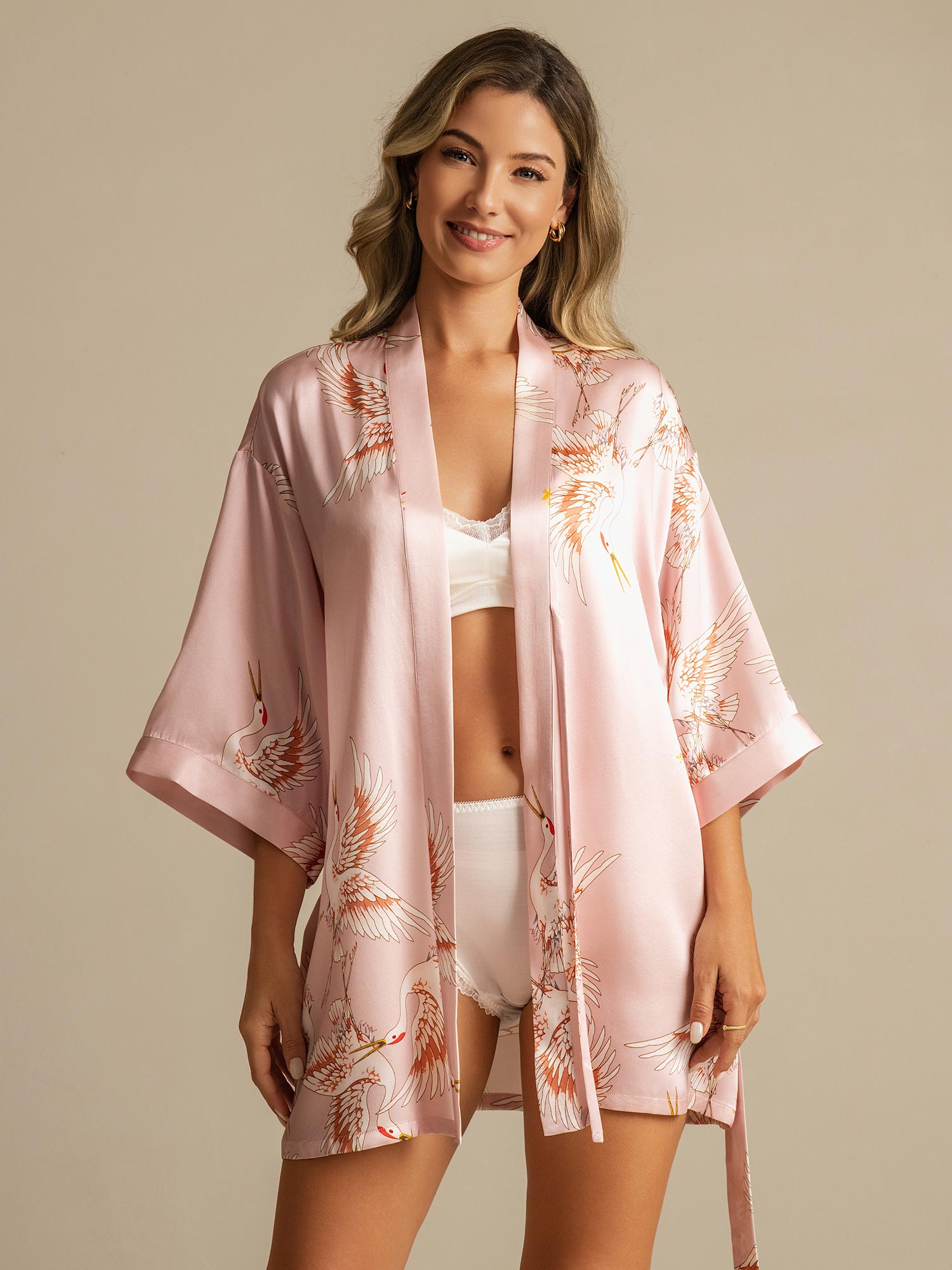 19Momme Pure Silk Crane Print 3/4 Sleeve Short Women's Kimono Robe with Wrap Design