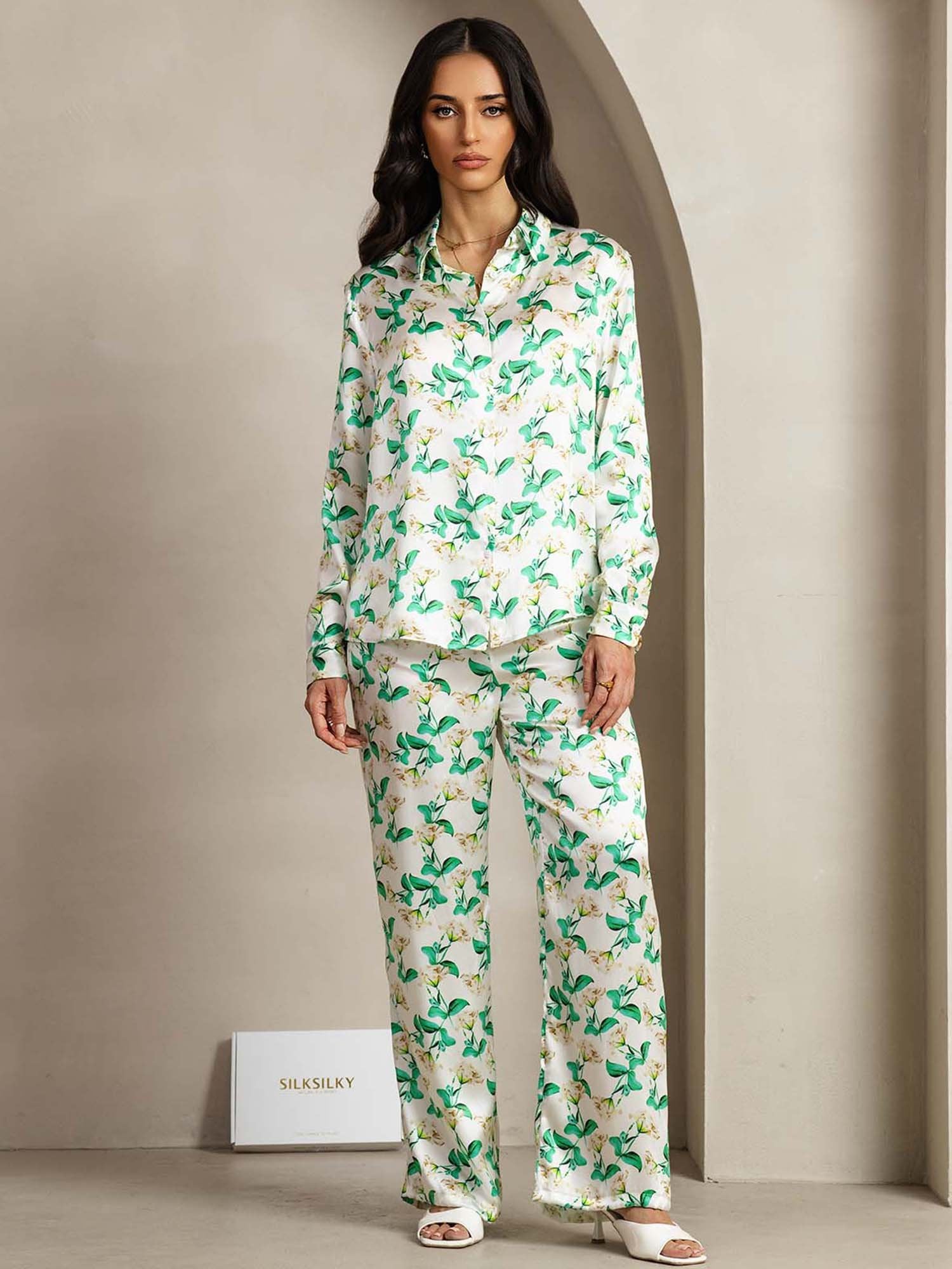 19Momme Women's Silk Green Floral Print Button-Up Shirt & Wide-Leg Pants Set