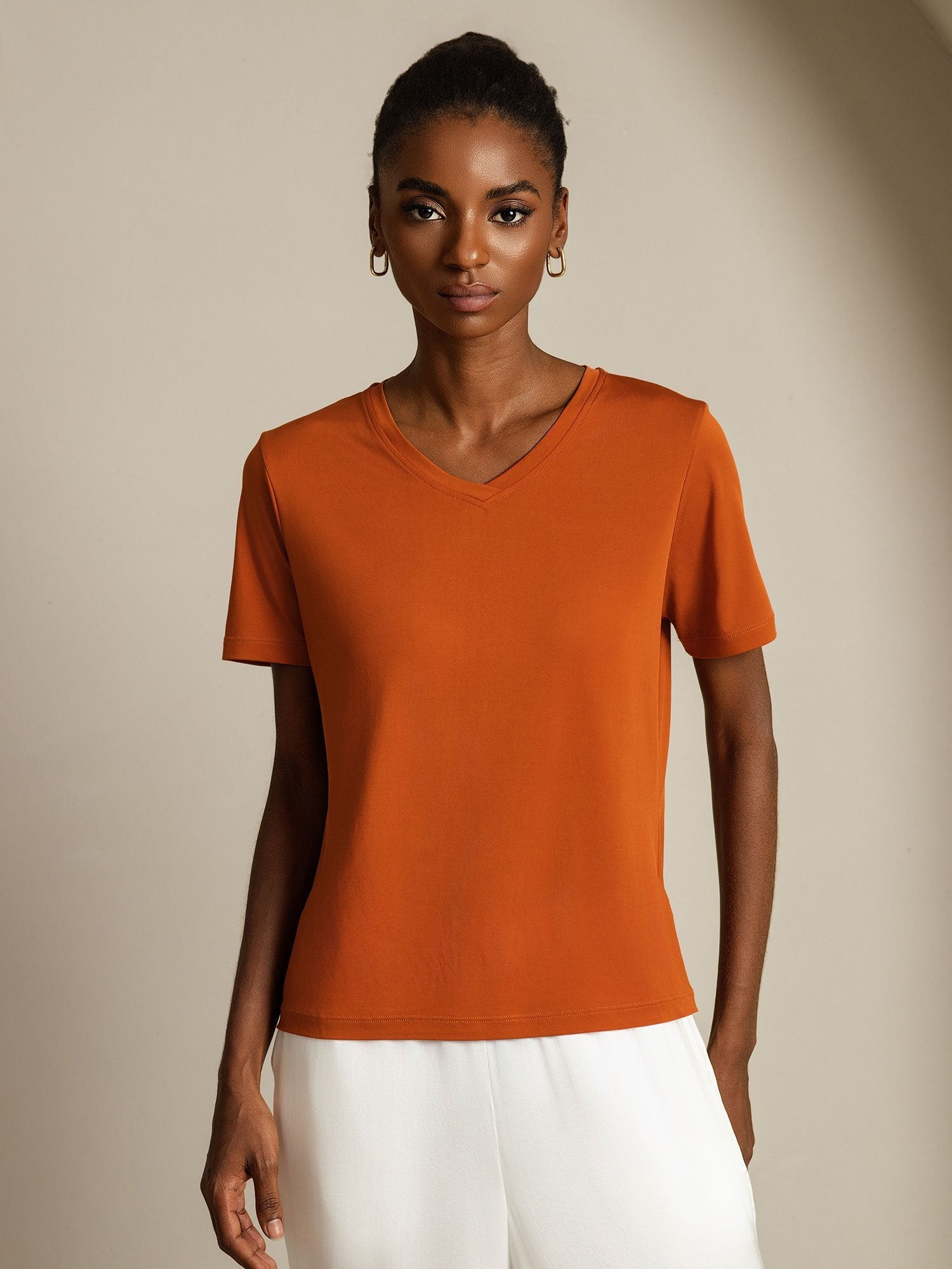 Pure Silk V Neck Short-Sleeve Snag-Resistant Women's T-Shirt