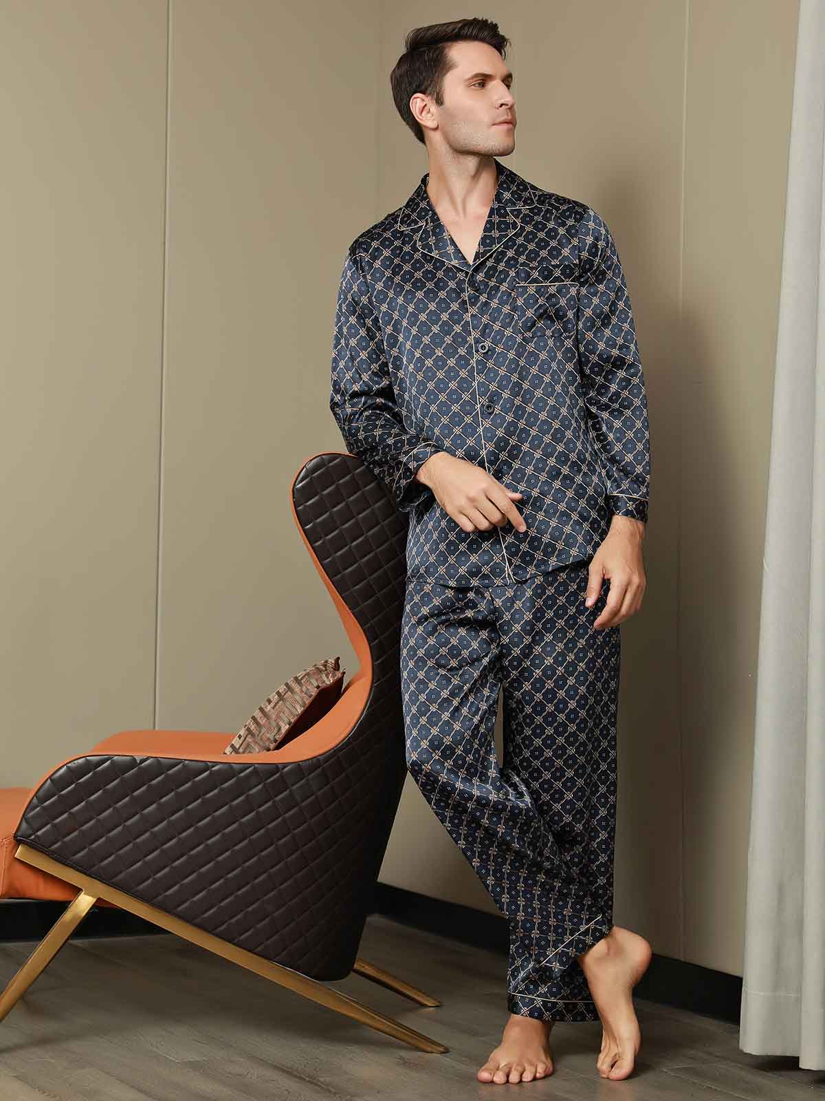 Pure Silk Navy Chain Print Men's Long Sleeve Pajamas Set With Pants