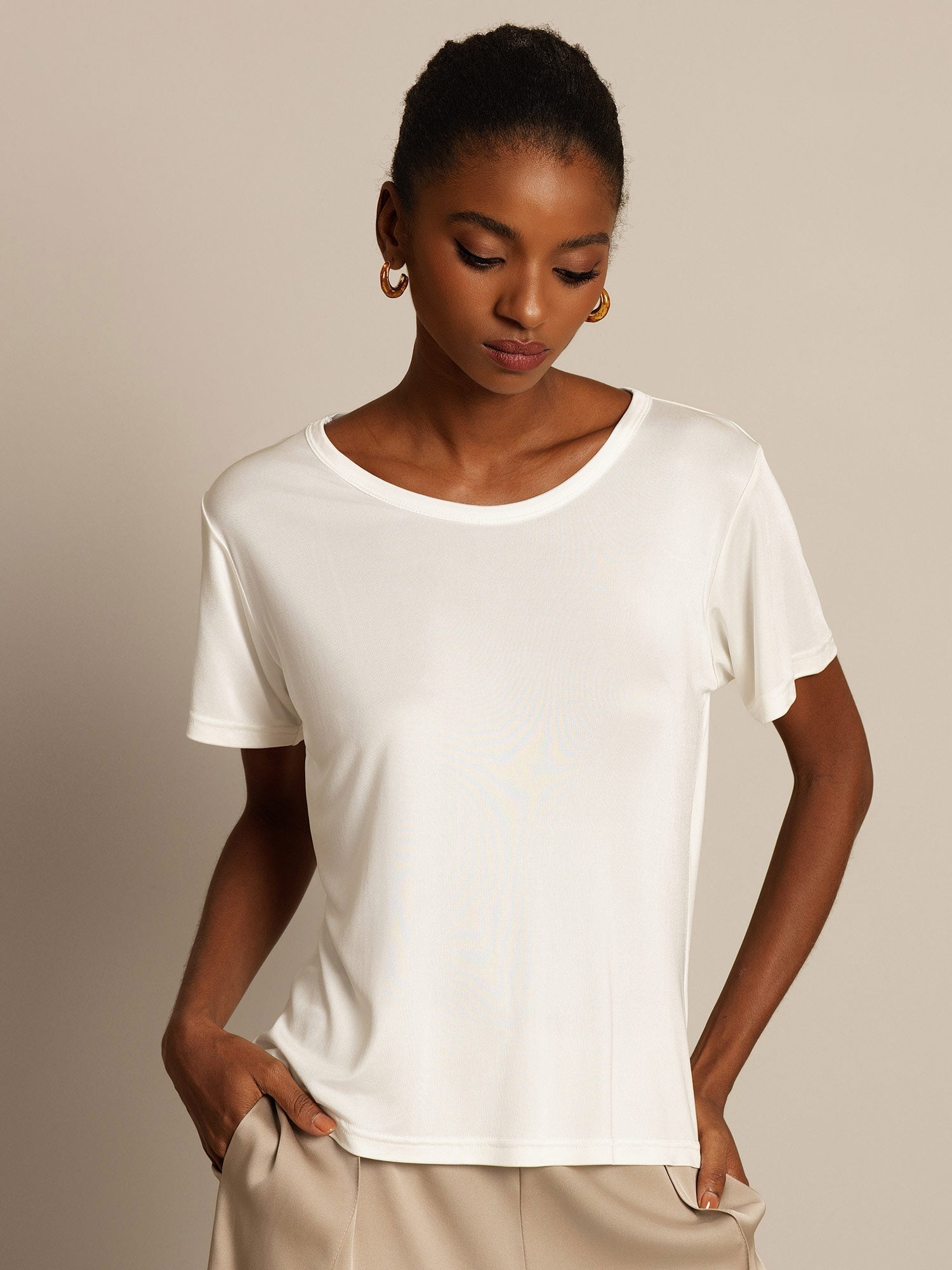Women's Pure Silk Jersey Short Sleeve Round Neck T-Shirt