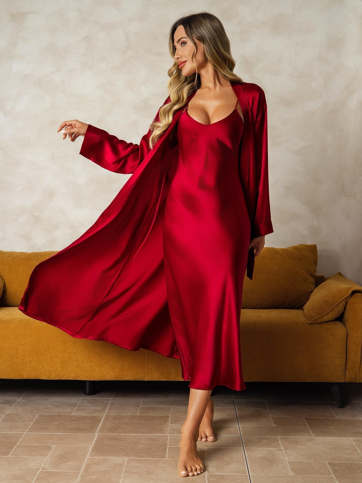 Pure Silk V-Neck Midi Nightgown & Robe Set 2Pcs