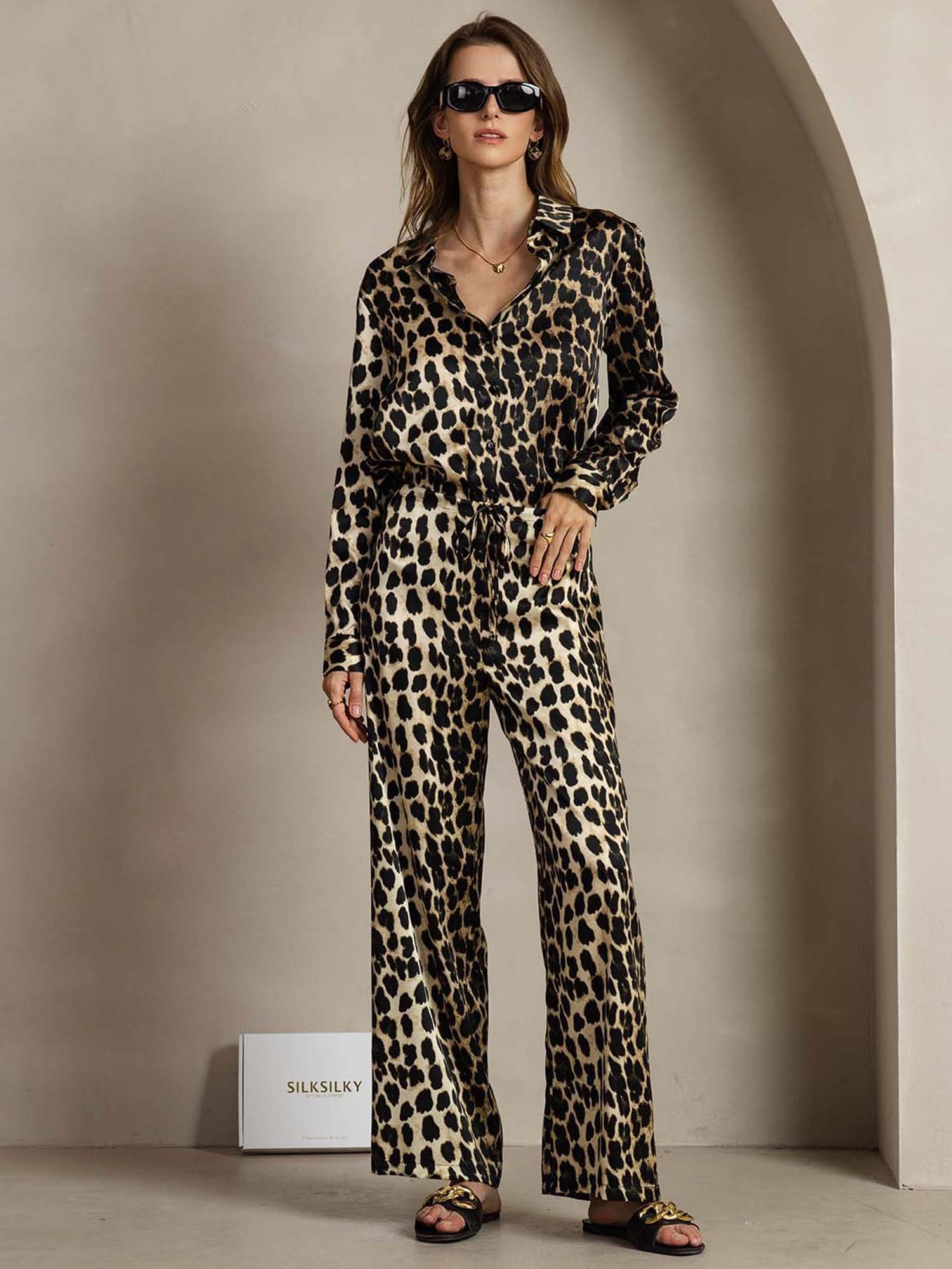 19Momme Women's Silk Leopard Print Button-Up Shirt & Wide-Leg Pants Set