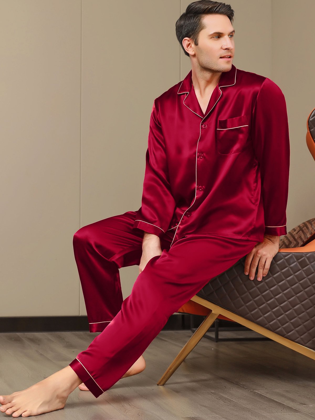 Men's Pure Silk Long Sleeve Notch Collar Pajamas Set