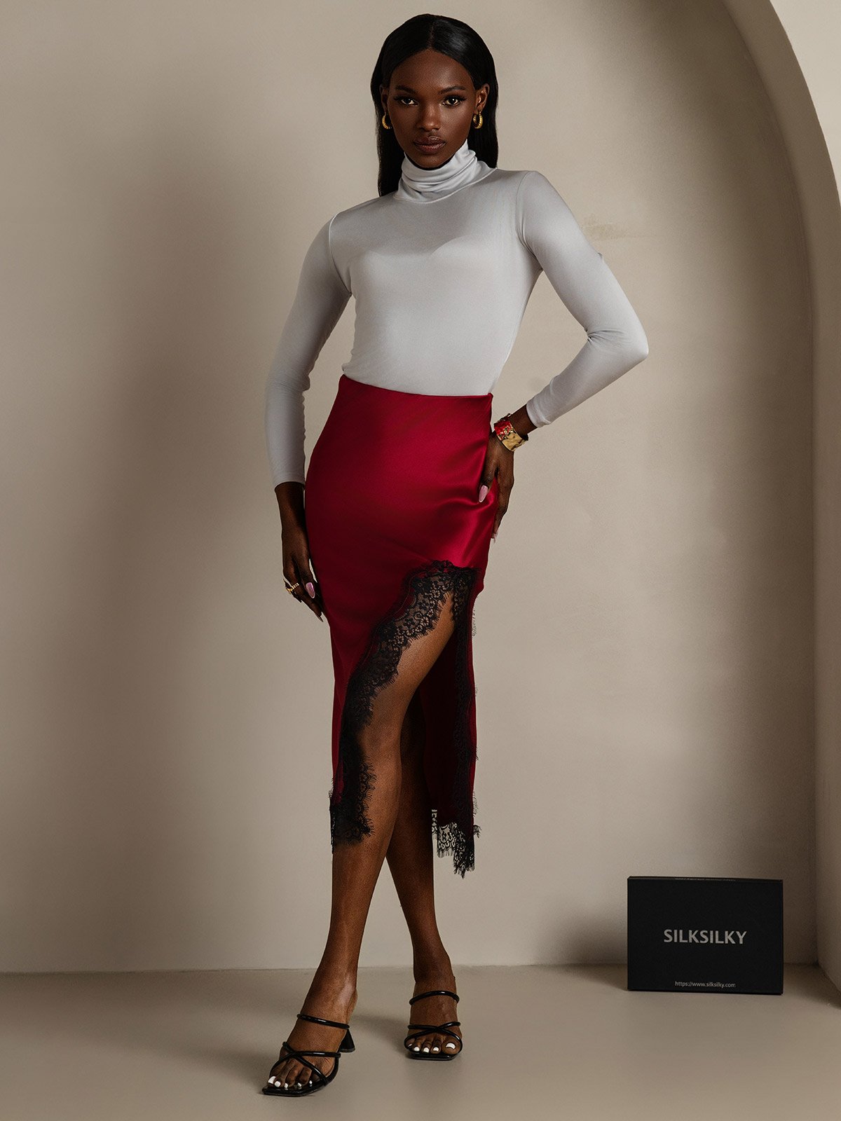 Clearance(US Warehouse) - 19Momme Silk Long Straight Lace Slit Skirt with Stretch Waist Design