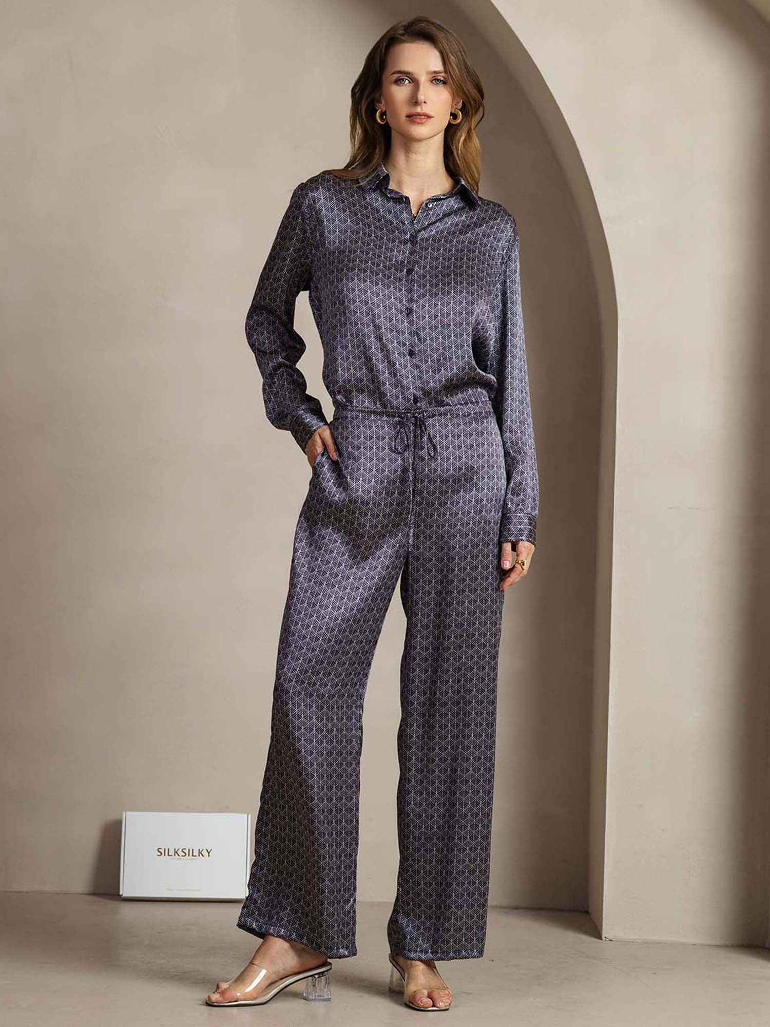 19Momme Silk Navy Ginkgo Print Button-Up Shirt & Wide-Leg Pants Set