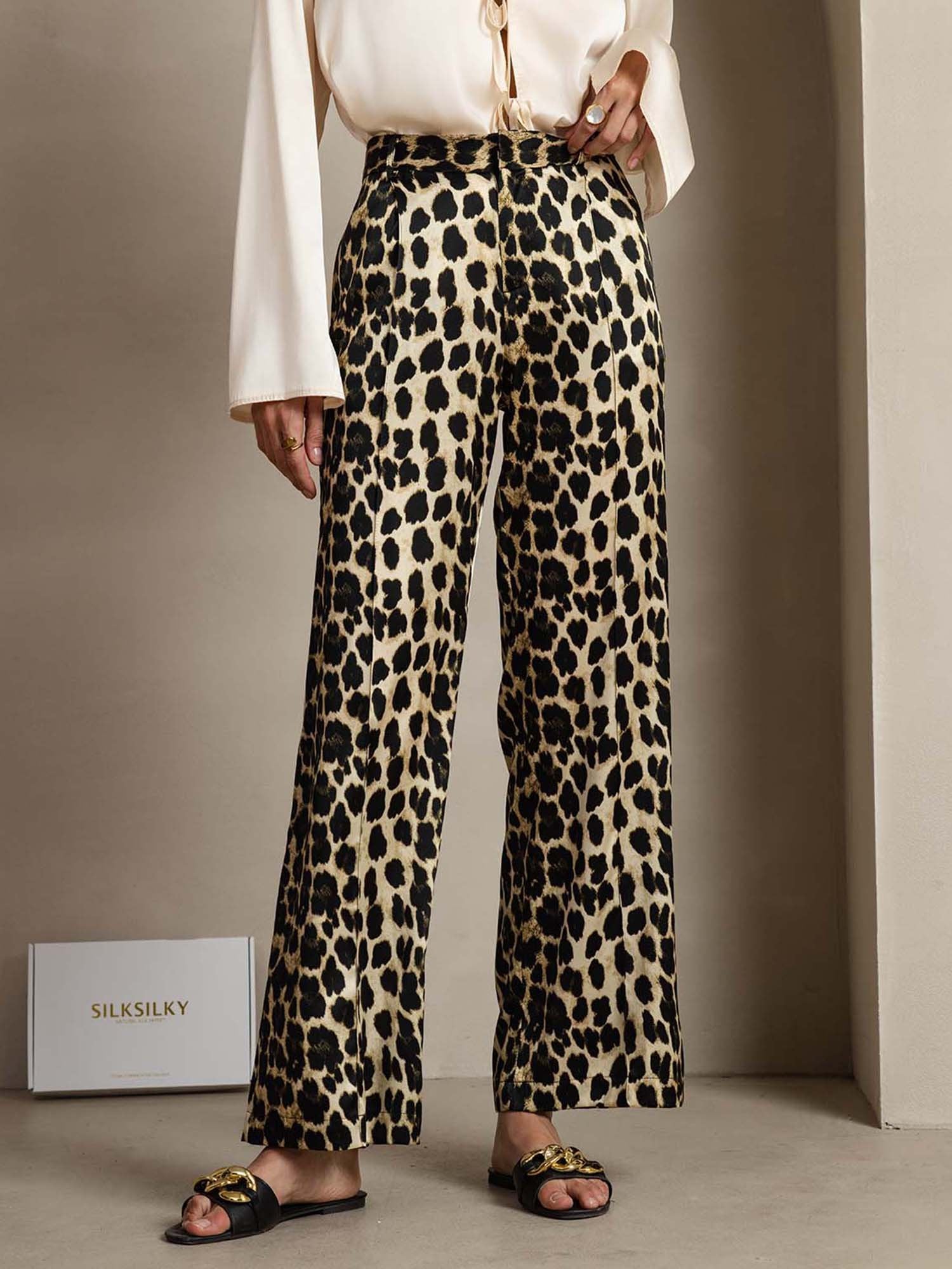 19Momme Silk Leopard Print Straight Leg Women's Pants With Side Pockets Design