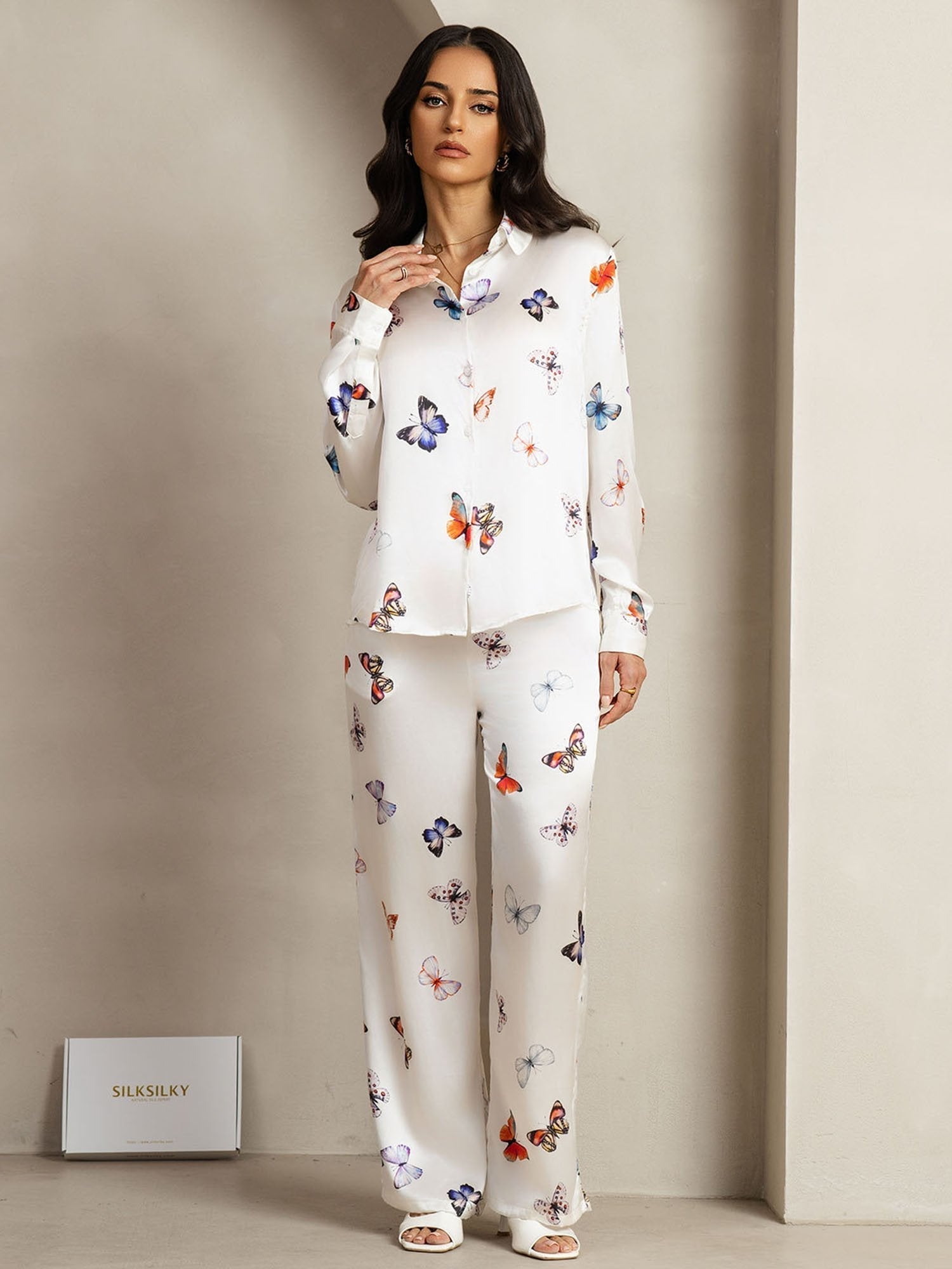 19Momme Women's Silk White Butterfly Print Button-Up Shirt & Wide-Leg Pants Set