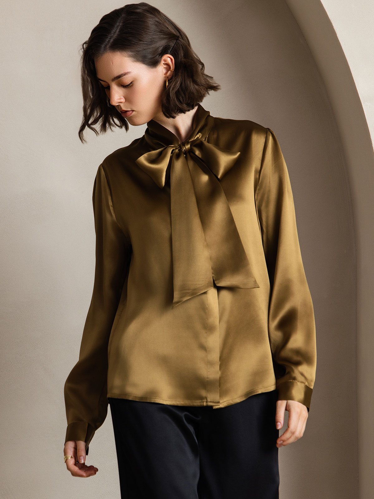 19Momme Silk Long Sleeve Tie Neck Blouse