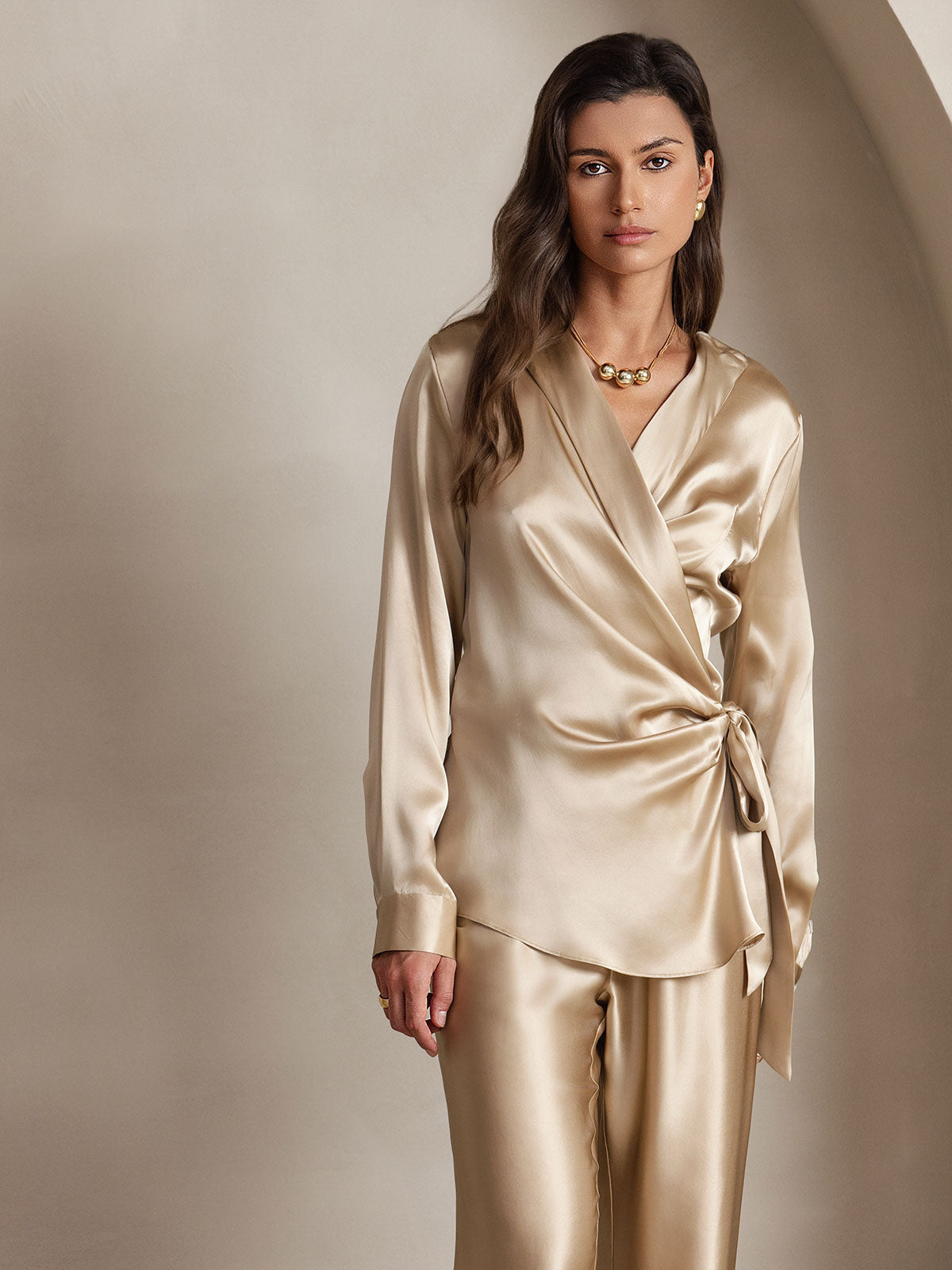 Clearance(US Warehouse) - 19 Momme Silk Long Sleeve Lace Up Wrap Blouse