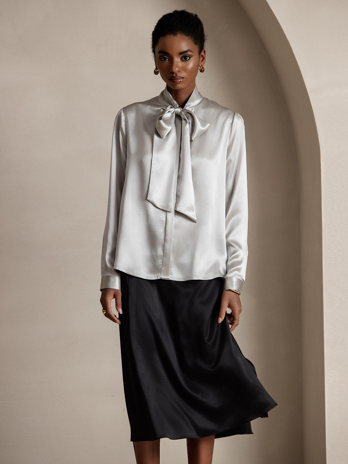 19Momme Silk Long Sleeve Tie Neck Blouse