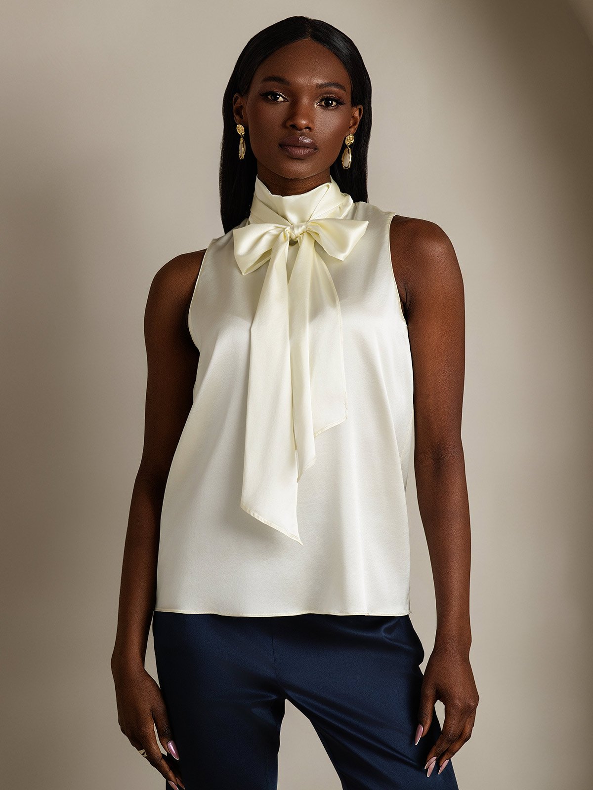 19Momme Silk Sleeveless Tie Neck Blouse