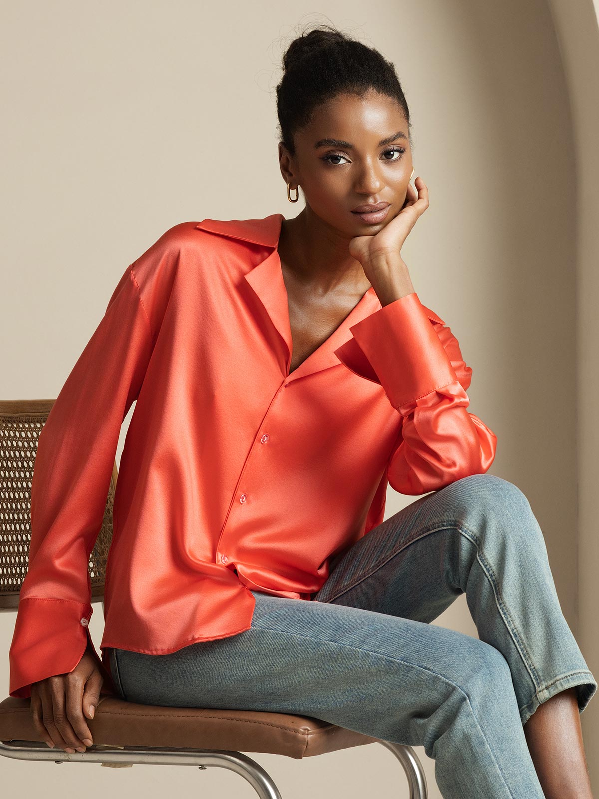 19Momme Silk Long Sleeve Notch Collar Women's Shirt