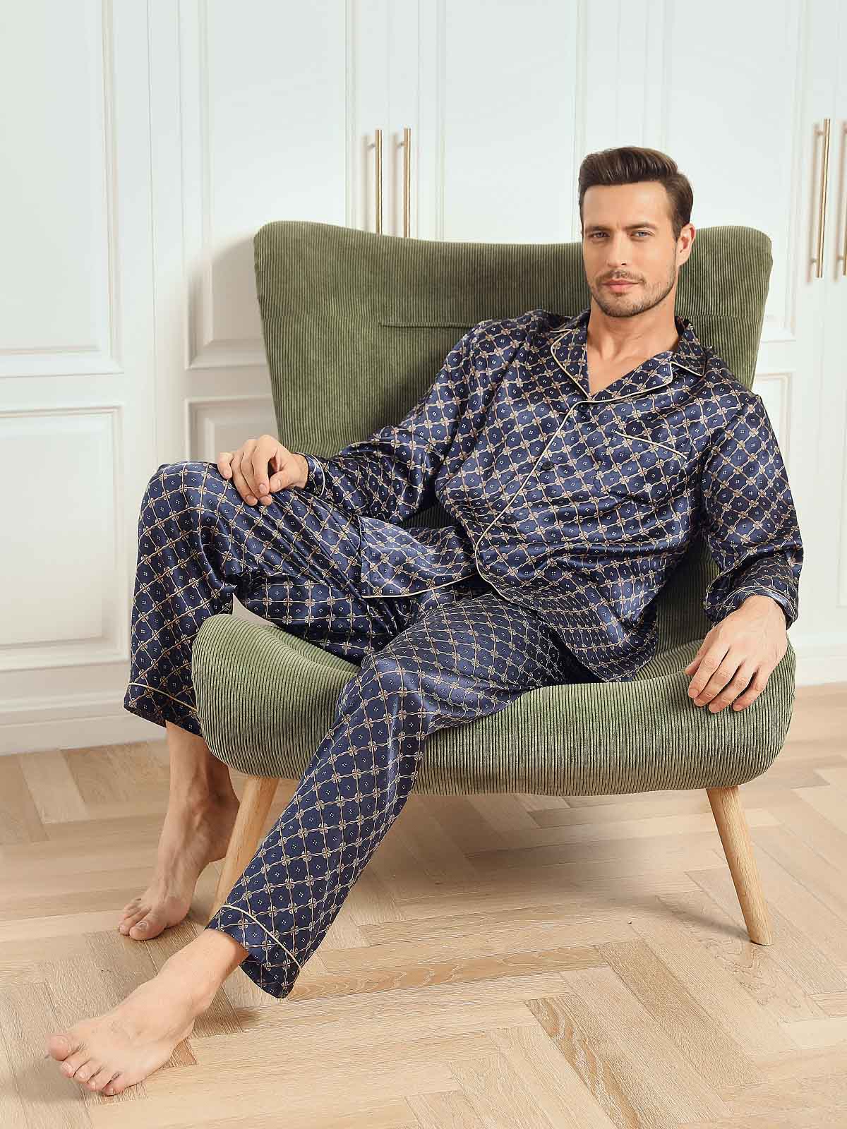 Pure Silk Navy Chain Print Long Sleeve Men's Pajamas Set With Pants
