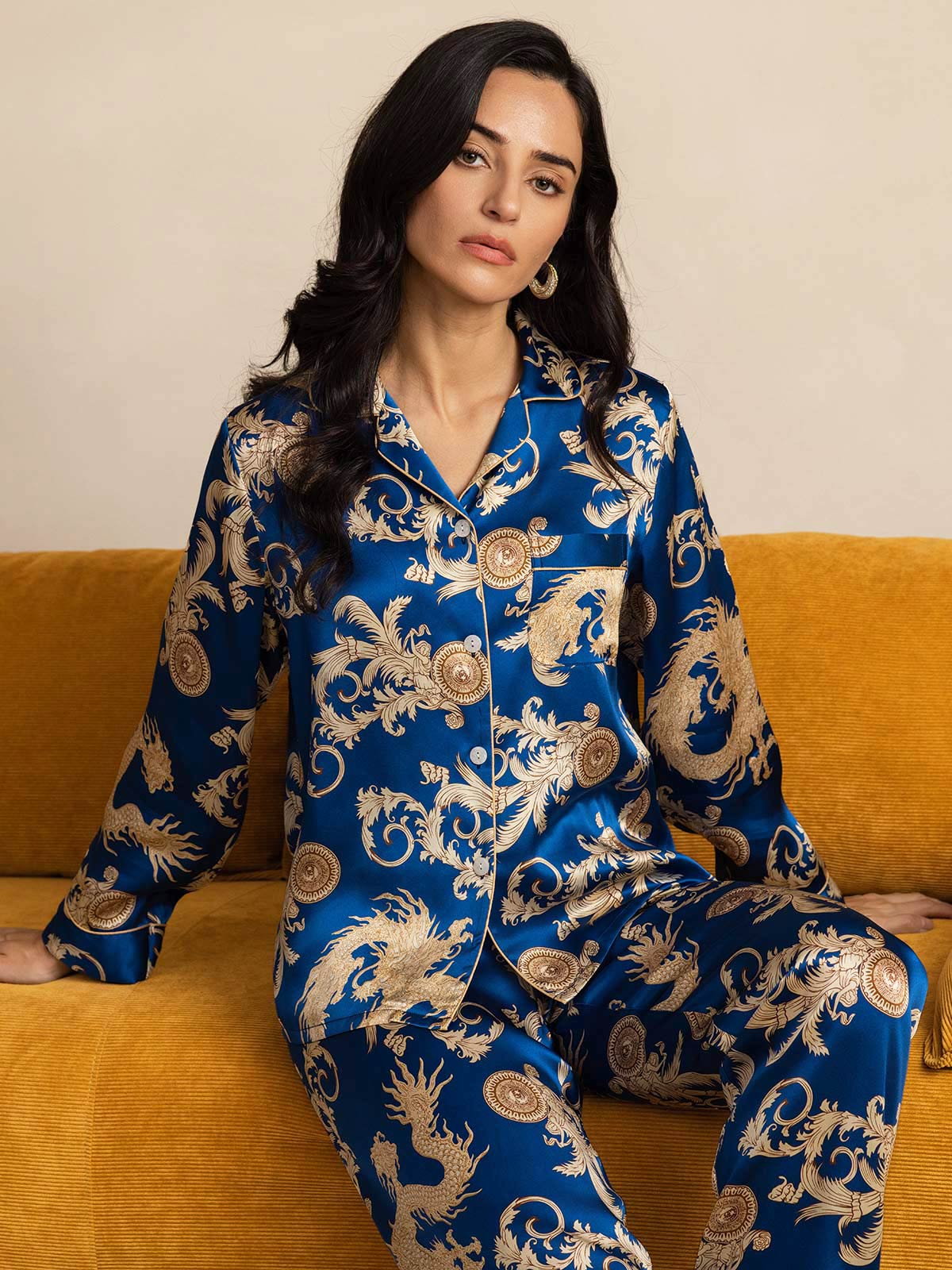 Pure Silk Dragon Print Long Sleeve Notch Collar Women's Pajamas Set With Pants