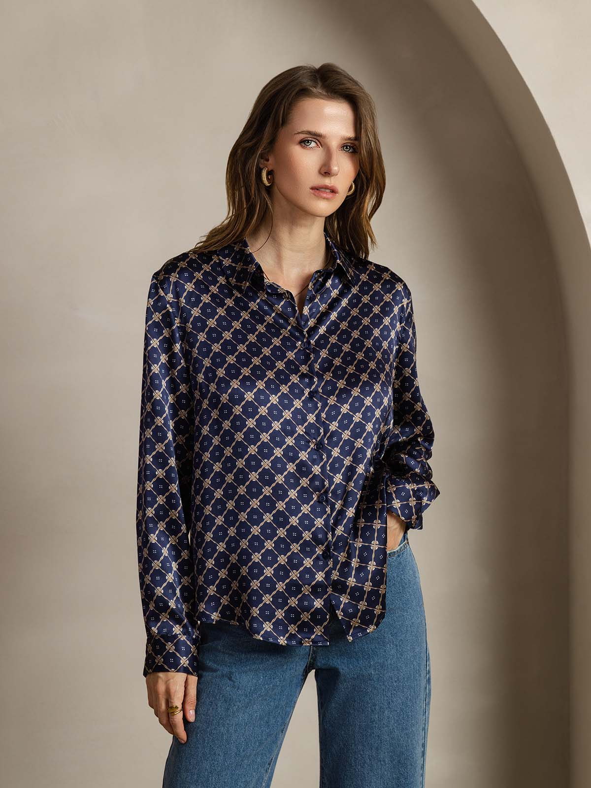 19Momme Silk Navy Chain Print Long Sleeve Lapel Collar Women's Shirt