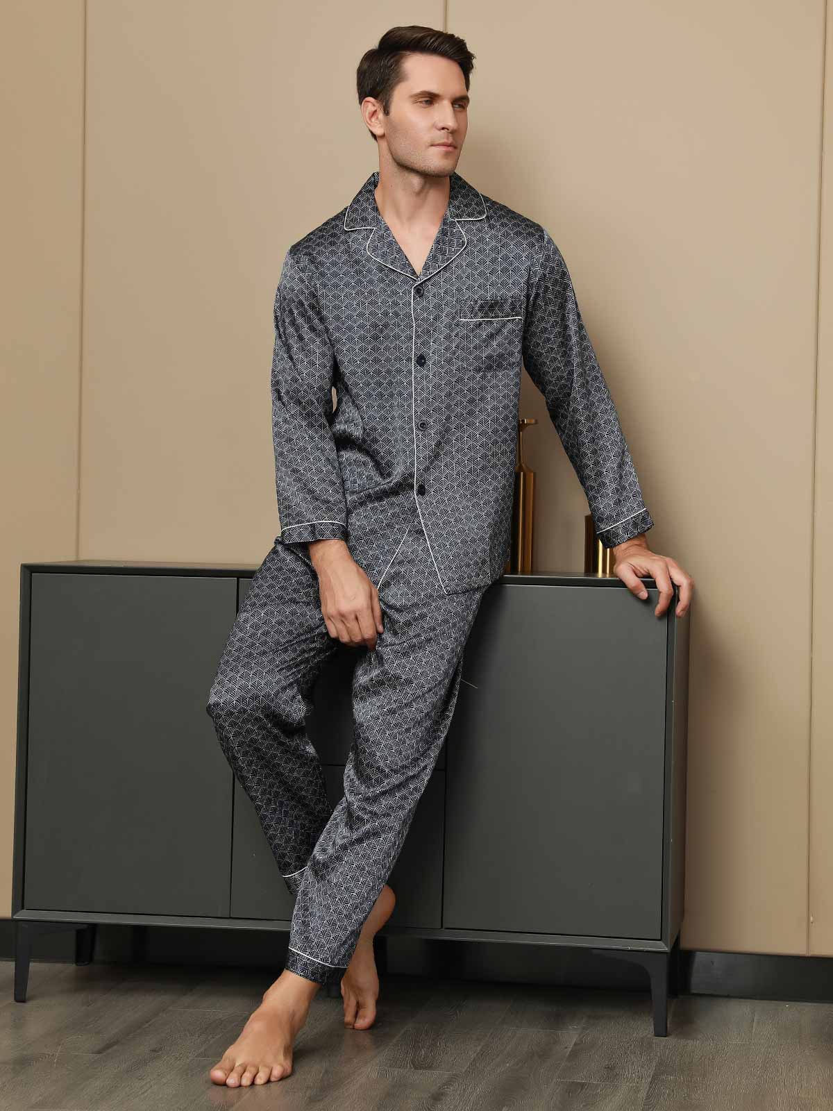 Pure Silk Navy Ginkgo Print Long Sleeve Men's Pajamas Set With Pants