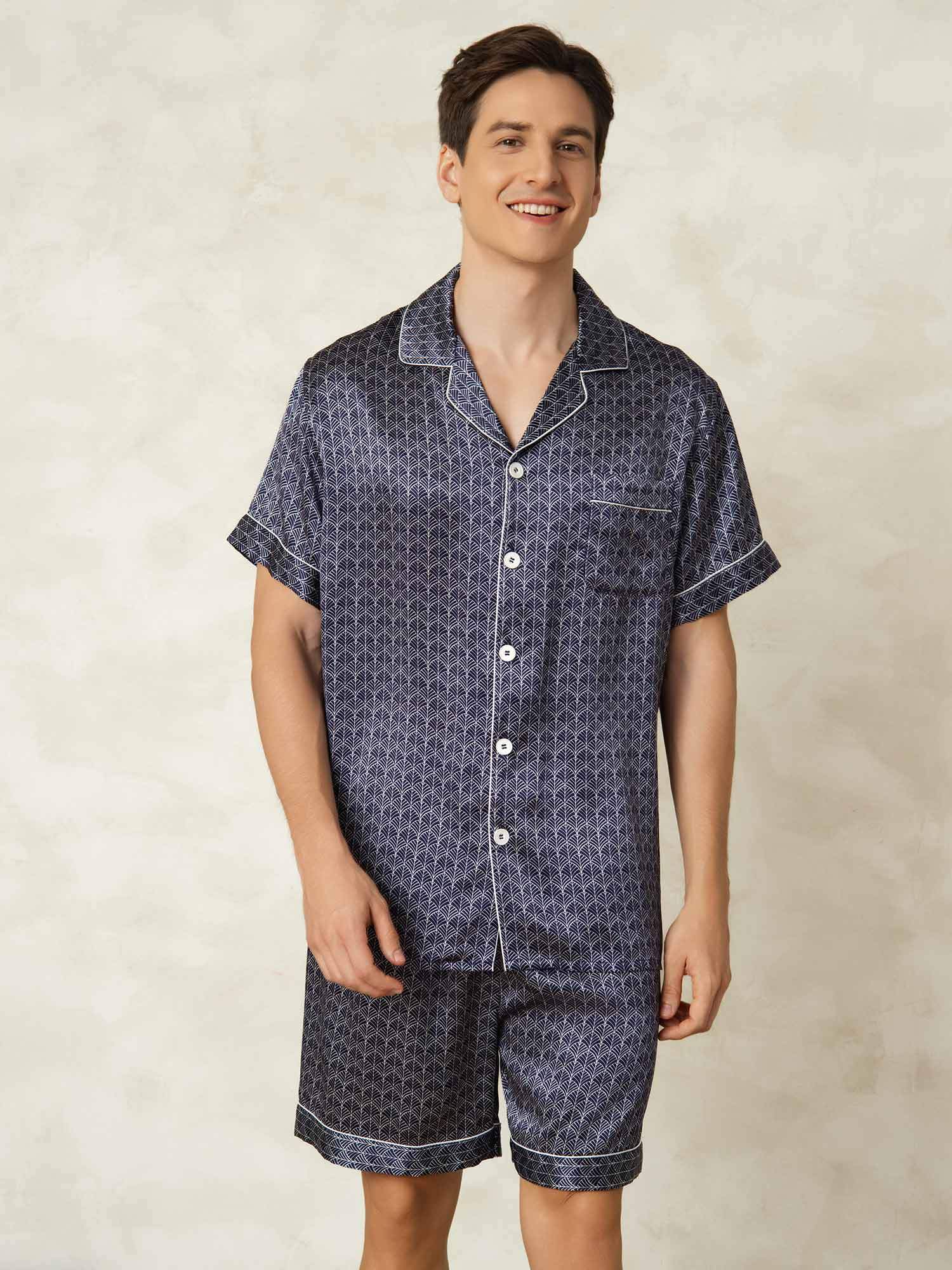 Men's Pure Silk Navy Ginkgo Print Short Sleeve Notch Collar Pajamas Set
