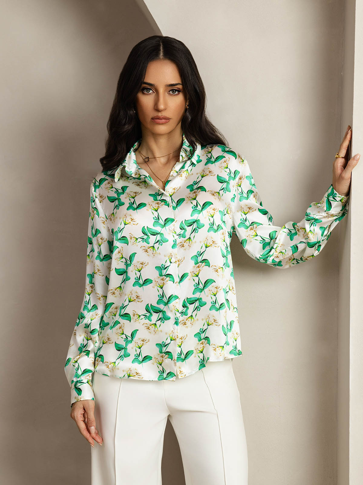 19Momme Silk Green Floral Print Long Sleeve Lapel Collar Women's Shirt