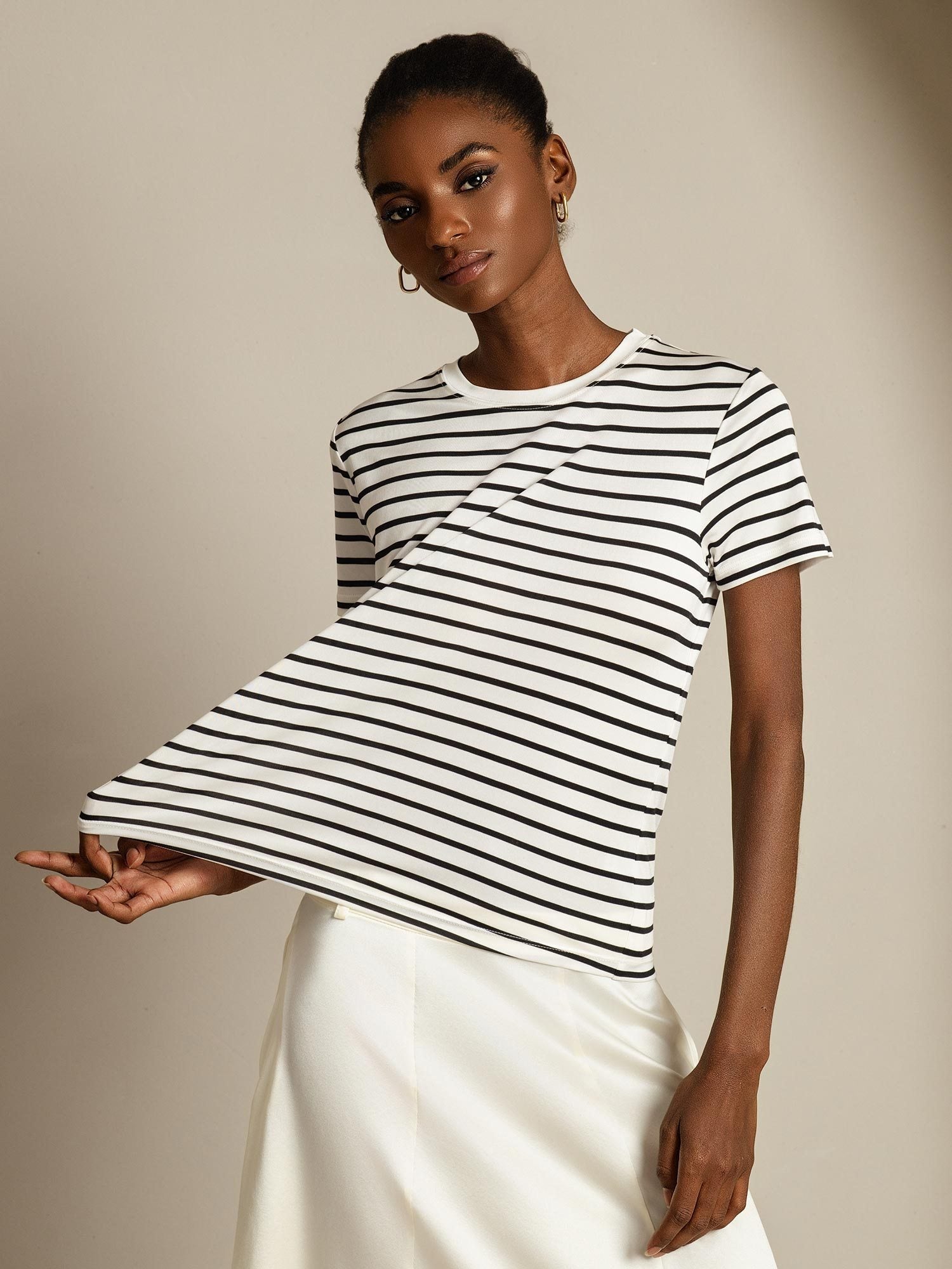 Clearance - Pure Silk Round Neck Stripe Short-Sleeved Women's T-Shirt
